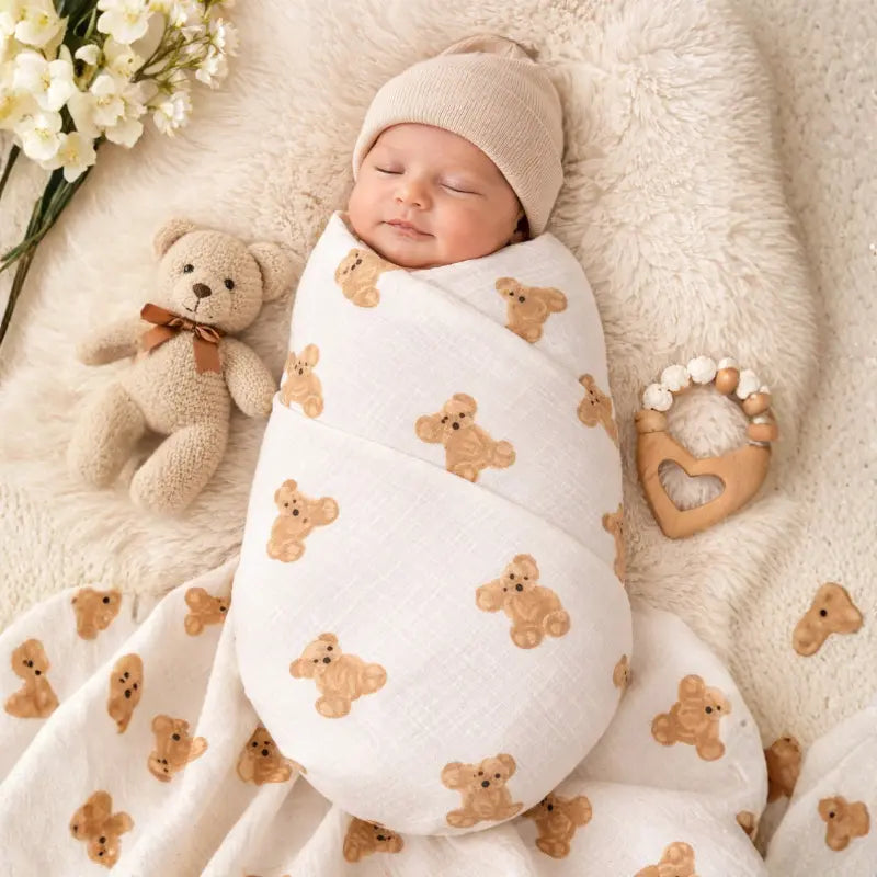 Bébé dans couverture d'emmaillotage au motif ourson
