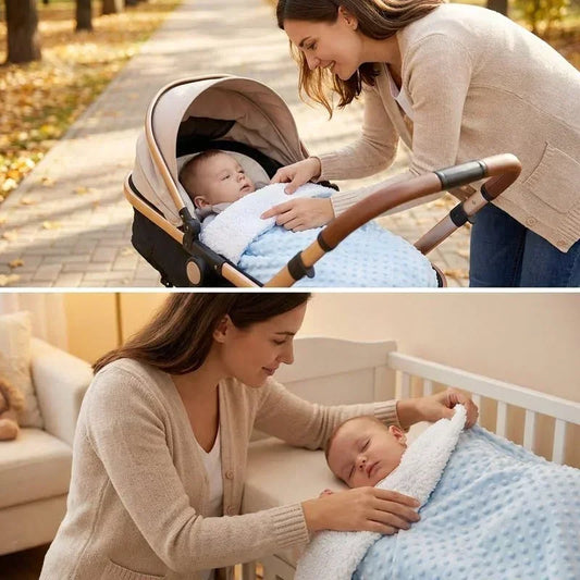 Maman ajustant une couverture polaire bleue épaisse sur son bébé en poussette à l’extérieur et dans un berceau à la maison, utilisation polyvalente hiver, texture douce et chaude visible.
