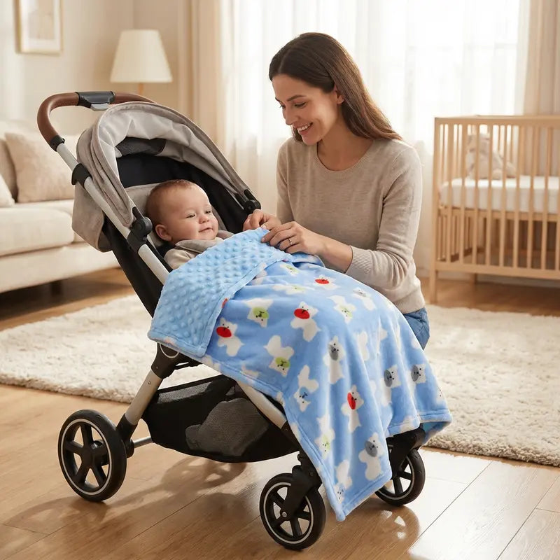 Maman souriante ajustant une couverture polaire bleue motif oursons sur son bébé installé en poussette, utilisation maison en hiver, texture douce et chaude visible.