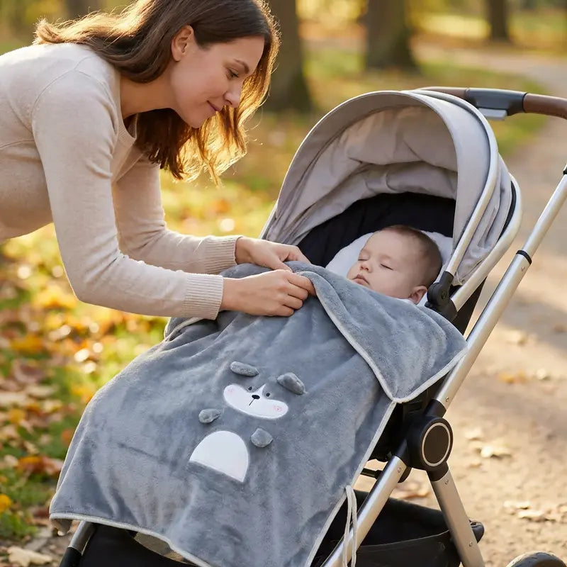 Maman couvrant son bébé en poussette avec une couverture polaire grise motif ourson, épaisse et douce, idéale pour les sorties en hiver.