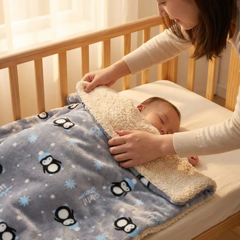 Maman couvrant son bébé avec une couverture polaire grise motif pingouins, doublure chaude et douce visible, idéale pour l’hiver à la maison.