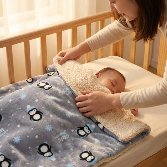 Maman couvrant son bébé avec une couverture polaire grise motif pingouins, doublure chaude et douce visible, idéale pour l’hiver à la maison.