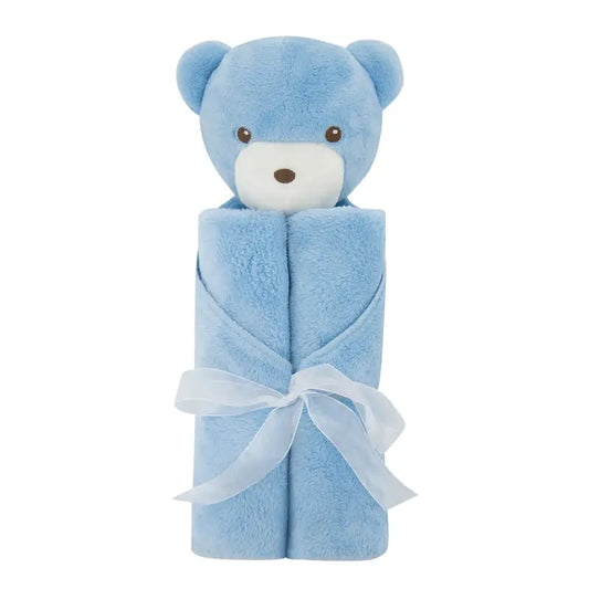 Couverture polaire bébé ourson bleu roulée avec tête d’ours en peluche