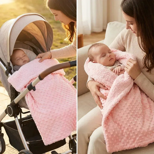 Maman couvrant son bébé avec une couverture polaire rose épaisse, en poussette à l’extérieur et dans les bras à la maison, texture douce et chaude adaptée à l’hiver.