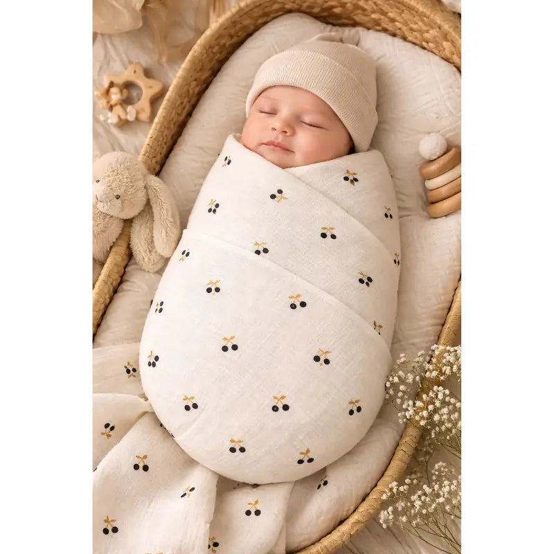 Bébé dans couverture d'emmaillotage motif cerises 