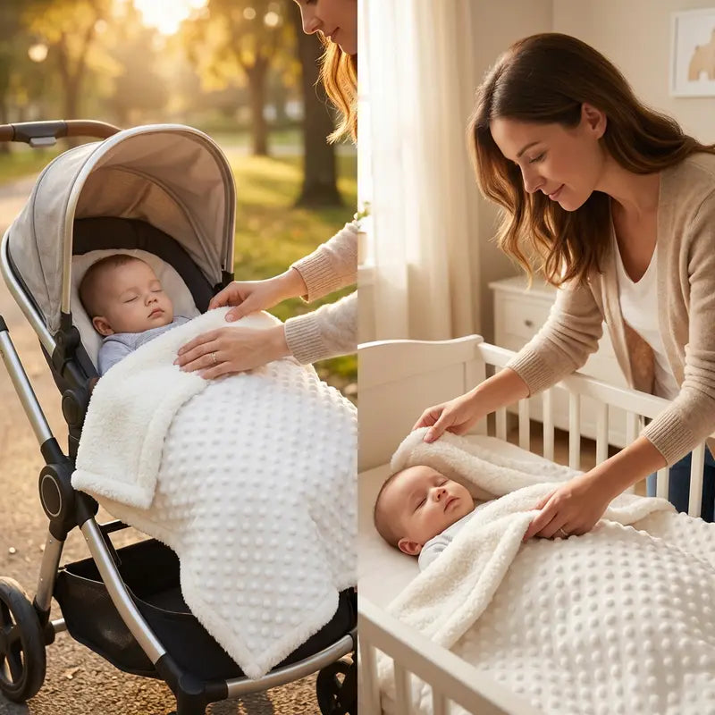 Maman couvrant son bébé avec une couverture polaire blanche épaisse en poussette et dans un berceau, utilisation maison et sortie hivernale, texture douce et chaude visible.