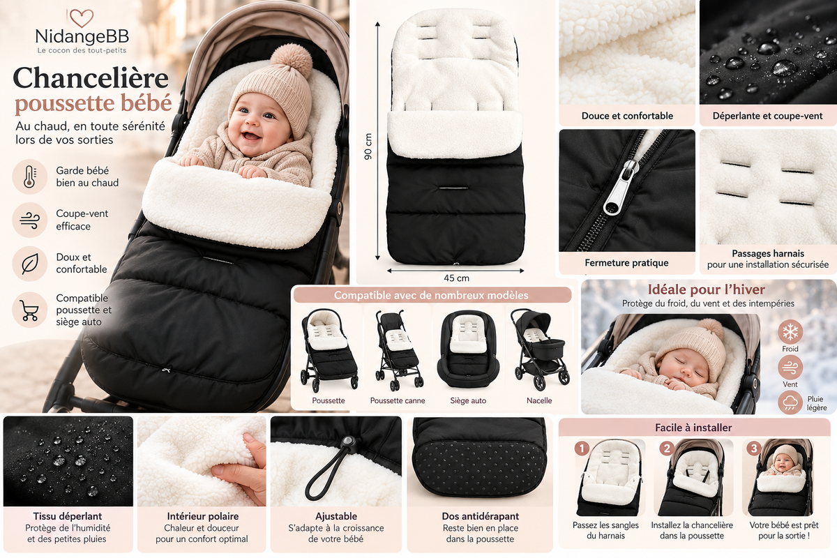 Chancelière poussette bébé chaude – coupe-vent, douce et compatible siège auto
