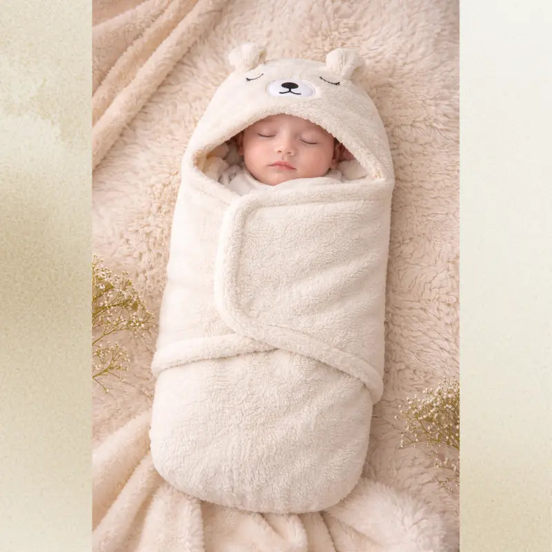 Nid d’ange bébé blanc avec capuche ourson, modèle doux toute saison