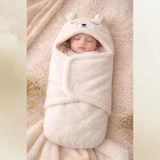 Nid d’ange bébé blanc avec capuche ourson, modèle doux toute saison