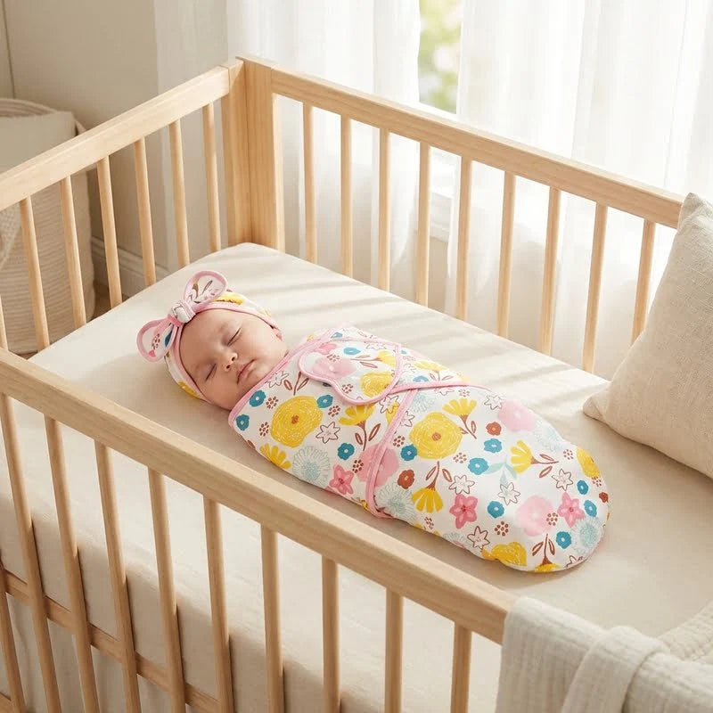 Bébé endormi dans un nid d’ange léger blanc motif floral spécial été, installé dans un berceau en bois clair, ambiance douce et lumineuse.
