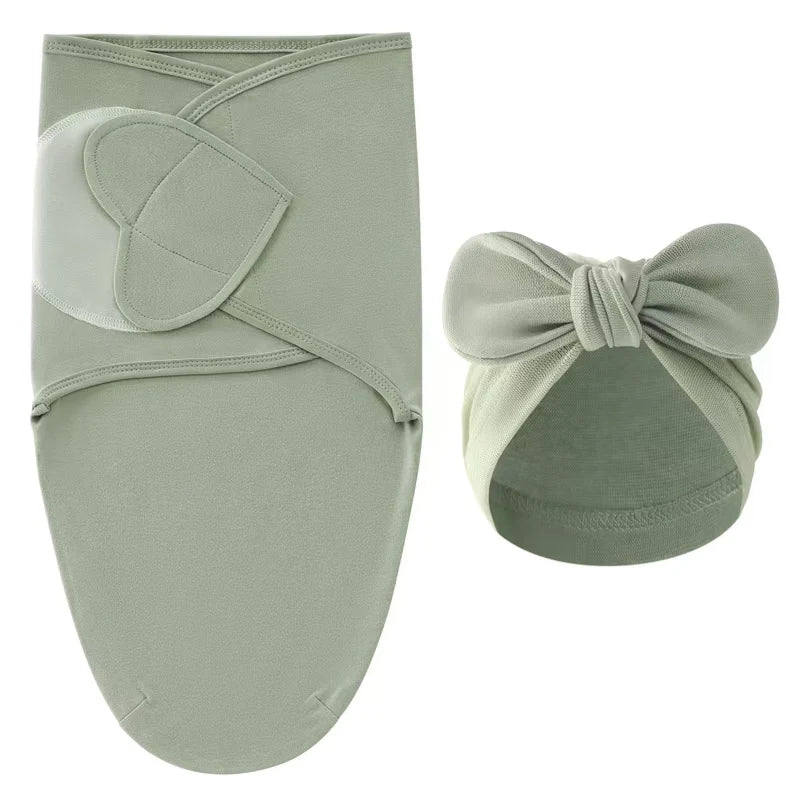 Nid d’ange bébé léger vert kaki avec bonnet noué assorti, tissu respirant idéal pour l’été et les journées chaudes