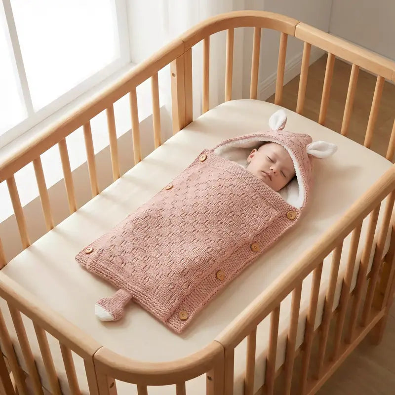 Bébé endormi dans un nid d’ange en tricot rose avec capuche à oreilles, installé dans un berceau en bois clair dans une chambre lumineuse et chaleureuse.