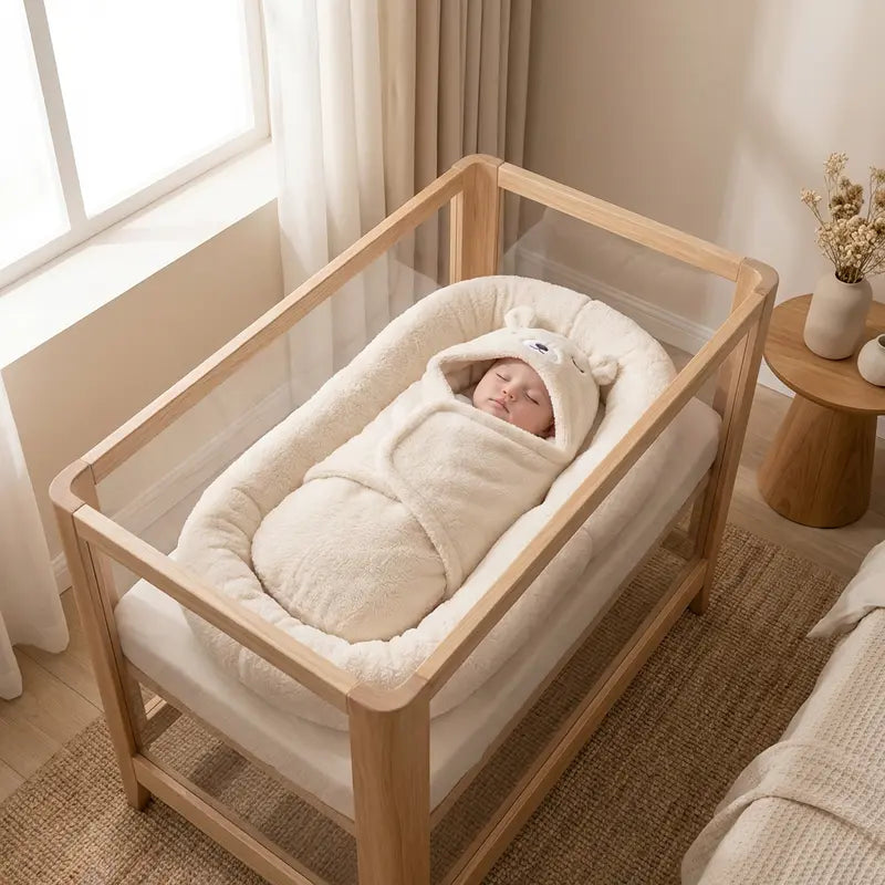 Bébé endormi dans un nid d’ange blanc moelleux avec capuche ourson, installé dans un berceau en bois clair dans une chambre douce et lumineuse au style minimaliste.