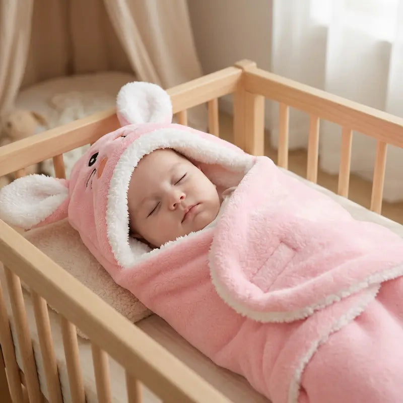 Nid d’ange bébé rose avec capuche lapin, modèle toute saison ultra doux