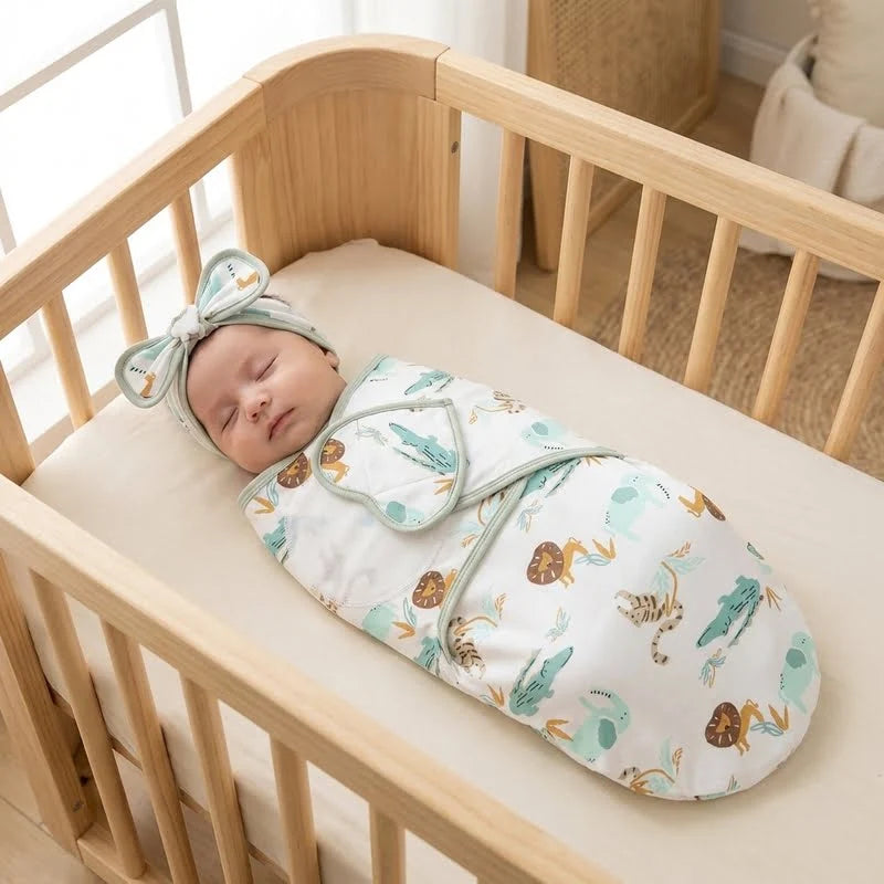 Bébé endormi dans un nid d’ange léger motif savane avec bandeau assorti, installé dans un berceau en bois clair dans une chambre lumineuse et apaisante.