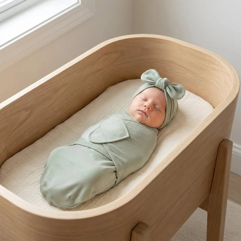 Bébé endormi dans un nid d’ange léger vert avec bandeau assorti, installé dans un berceau en bois clair dans une chambre lumineuse et minimaliste.