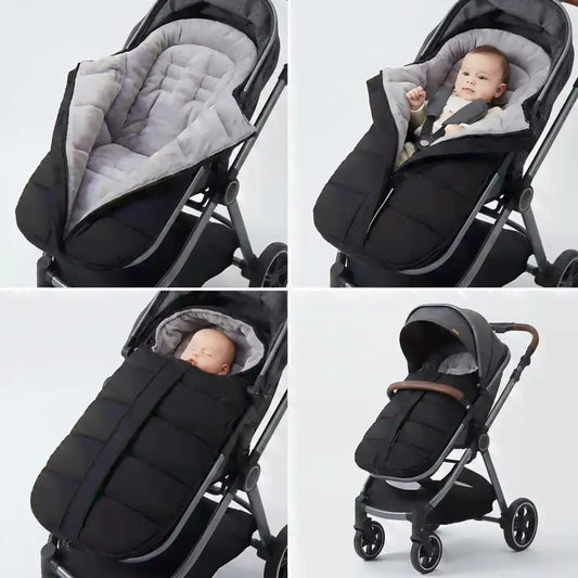 Chancelière bébé noire pour poussette avec intérieur gris doux, montrée ouverte et fermée, avec bébé installé à l’intérieur, offrant chaleur, confort et protection en extérieur.