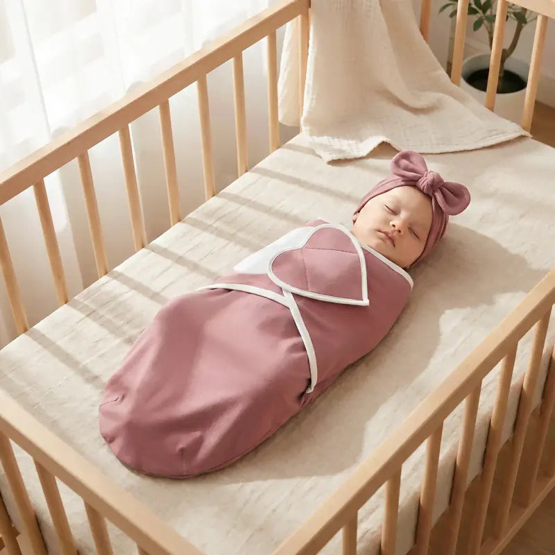 Bébé endormi dans un nid d’ange léger prune spécial été, installé dans un berceau en bois clair, ambiance douce et lumineuse.


