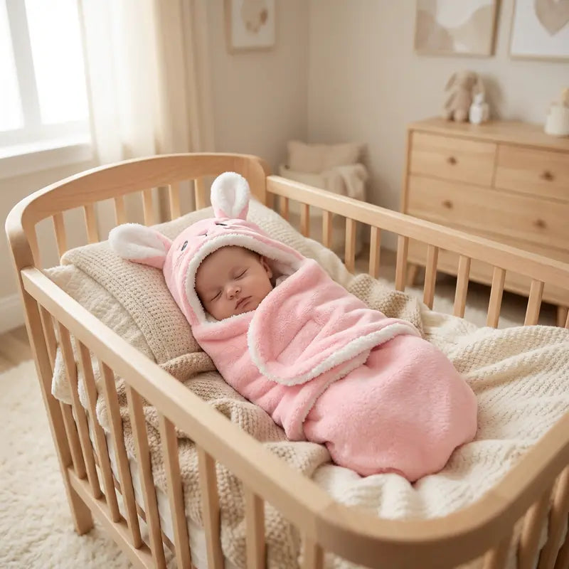 Nid d’ange bébé rose à capuche motif lapin – toute saison, pratique au quotidien